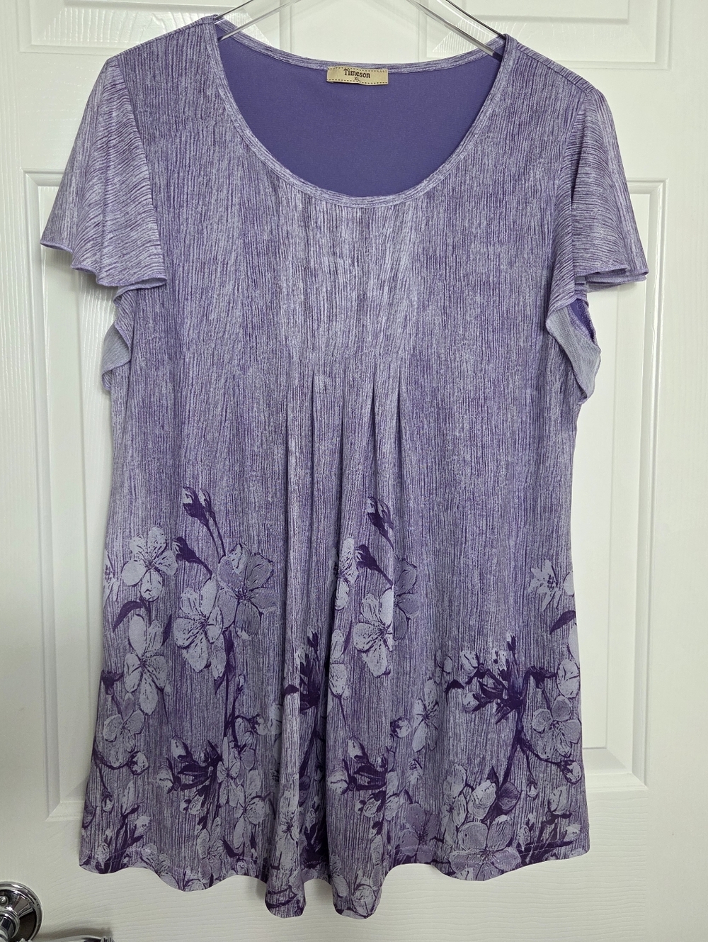 Timeson Women's XL Purple Floral Blouse Short Flutter Sleeves